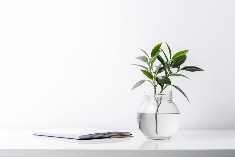 Minimal clean desk with a notebook and plant